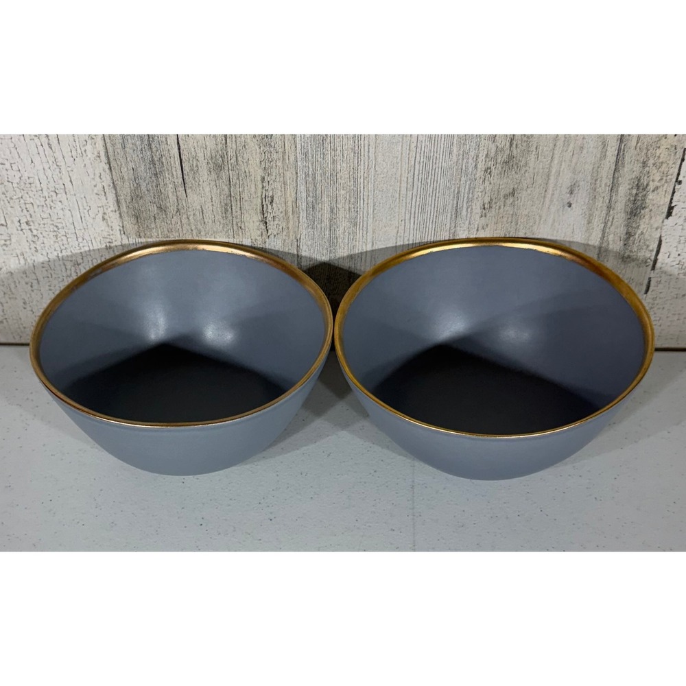 Crate & Barrel Addison Grey Bowls Set of 2 Gray Gold Rim Stoneware Portugal